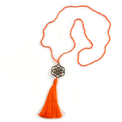 Orange Crystal Bead Necklace with Bronze Tone Seed Of Life Mandala/ Silk Tassel Pendant - 88cm L/ 10cm Tassel
