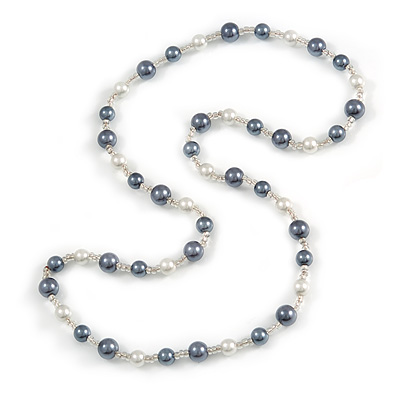 Grey/ White/ Transparent Glass Bead Long Necklace - 82cm Long