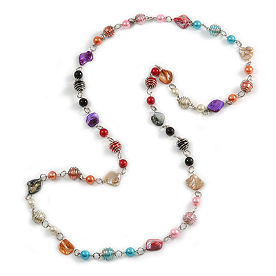Long Multicoloured Glass and Shell Bead with Silver Tone Metal Wire Element Necklace - 120cm L