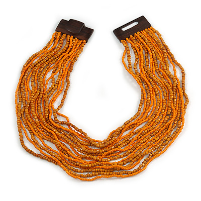 Dusty Orange/ Bright Orange Glass Bead Multistrand, Layered Necklace With Wooden Square Closure - 64cm L - main view
