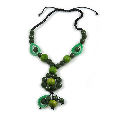 Statement Ceramic, Wood, Resin Tassel Black Cord Necklace (Green) - 54cm L/ 10cm Tassel - Adjustable - main view