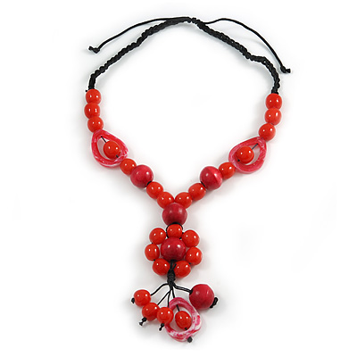 Statement Ceramic, Wood, Resin Tassel Black Cord Necklace (Red) - 54cm L/ 10cm Tassel - Adjustable