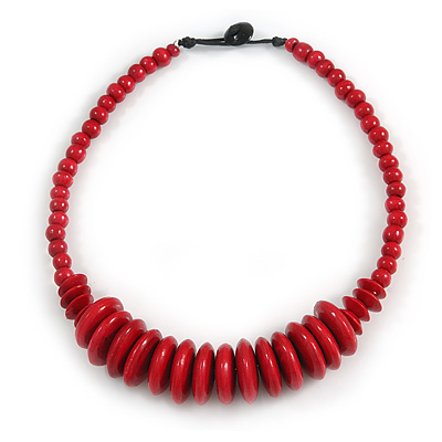 Red Button, Round Wood Bead Wire Necklace - 46cm L - main view