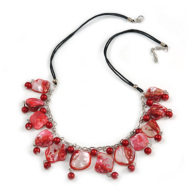 Red Glass Bead, Sea Shell Nugget Black Cord Necklace - 50cm L/ 4cm Ext