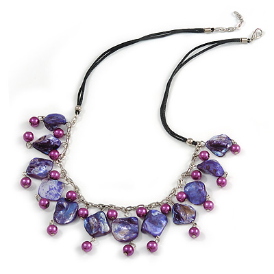 Purple/ Violet Glass Bead, Sea Shell Nugget Black Cord Necklace - 50cm L/ 4cm Ext - main view