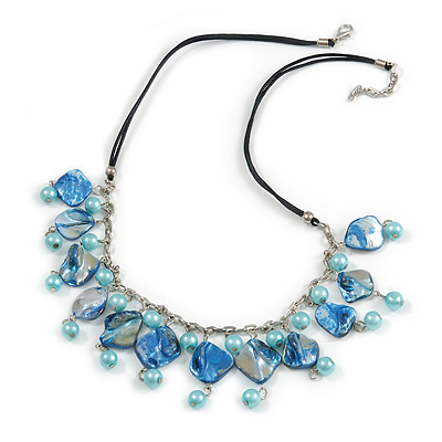 Light Blue/ Sea Blue Glass Bead, Sea Shell Nugget Black Cord Necklace - 50cm L/ 4cm Ext