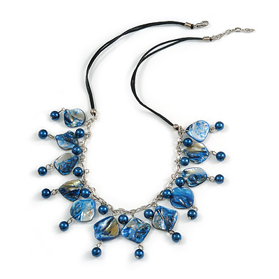 Dark Blue Glass Bead, Sea Shell Nugget Black Cord Necklace - 50cm L/ 4cm Ext