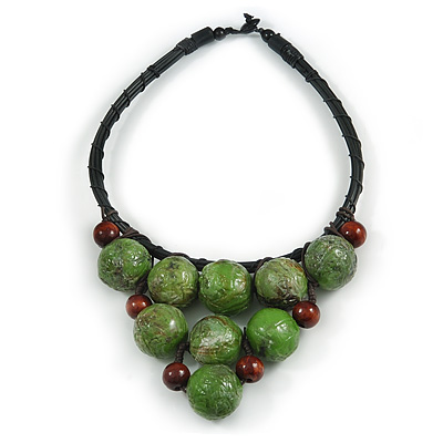 Statement Dusty Green Resin Ball, Black Rubber Cord Bib Necklace - 52cm L - main view
