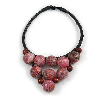 Statement Dusty Pink Resin Ball, Black Rubber Cord Bib Necklace - 52cm L