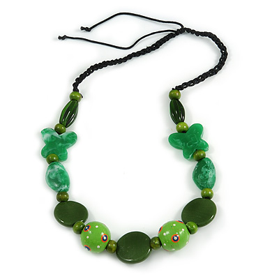 Romantic Butterfly Beaded Black Cord Necklace in Green - 56cm L - Adjustable - main view