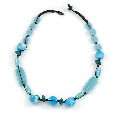 Light Blue Ceramic, Glass, Wood and Resin Beads Black Cord Necklace - 55cm L - main view