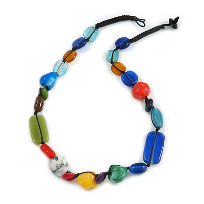 Multicoloured Ceramic, Glass, Wood and Resin Beads Black Cord Necklace - 54cm L