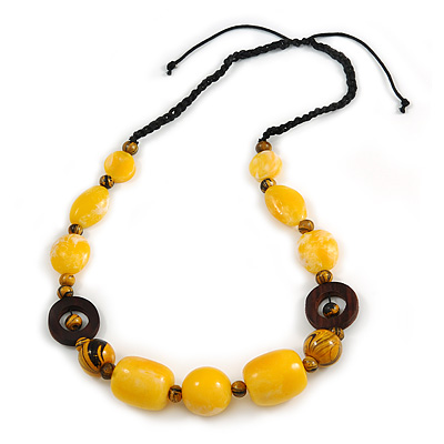 Yellow Resin, Wood Bead with Black Cotton Cord Necklace - 64cm L - main view