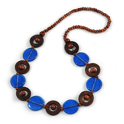 Blue Ceramic and Brown Wood Bead Necklace - 74cm Long