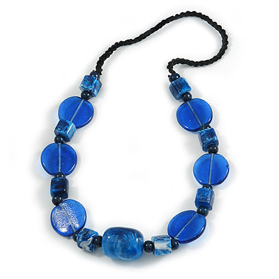 Chunky Resin and Ceramic Bead Black Cotton Cord Necklce in Blue - 66cm L