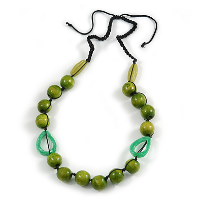 Signature Wood, Ceramic, Acrylic Bead Black Cord Necklace (Lime Green/ Spring Green) - 72cm L (Adjustable)