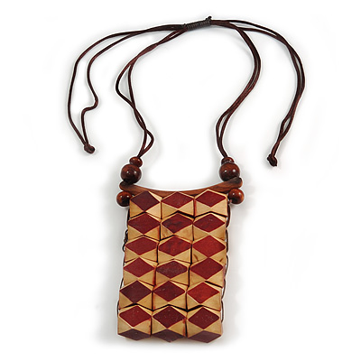 Statement Natural/ Brown Wood Bib Style Necklace with Chocolate Silk Cords - Adjustable