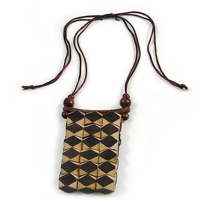 Statement Natural/ Black Wood Bib Style Necklace with Brown Silk Cords - Adjustable