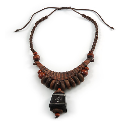 Ethnic Statement Geometric Wood Bead Cotton Cord Necklace In Brown - Adjustable