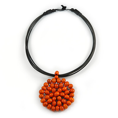 Black Rubber Cord Necklace with Orange Wood Bead Medallion Pendant - 50cm L - main view