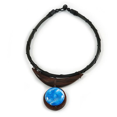 Ethnic Black Rubber Cord Necklace with Wooden Pendant - 50cm L