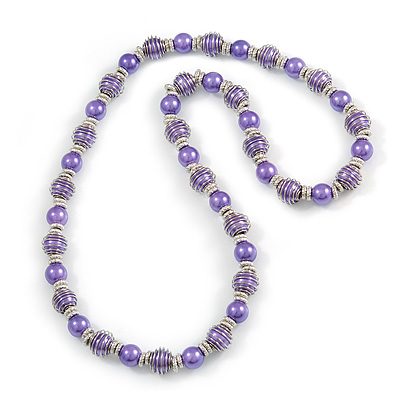 Purple Glass Bead with Silver Tone Metal Wire Element Necklace - 70cm Long