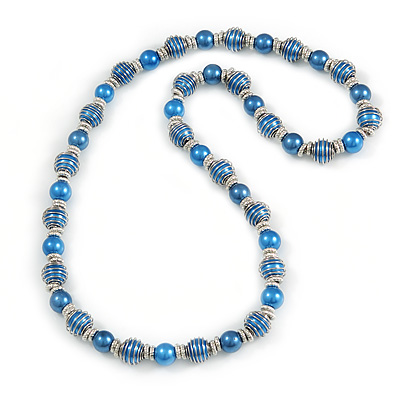 Blue Glass Bead with Silver Tone Metal Wire Element Necklace - 70cm Long