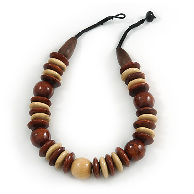Statement Brown/ Natural Round and Button Wood Bead Necklace - 56cm L