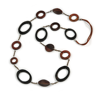 Long Black/ Brown Wooden Link Faux Suede Cord Necklace - 120cm L