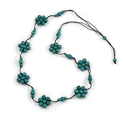 Stunning Teal Wood Flower Black Cotton Cord Long Necklace - 90cm L