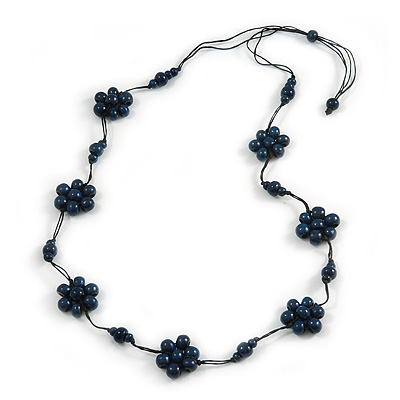Stunning Dark Blue Wood Flower Black Cotton Cord Long Necklace - 90cm L