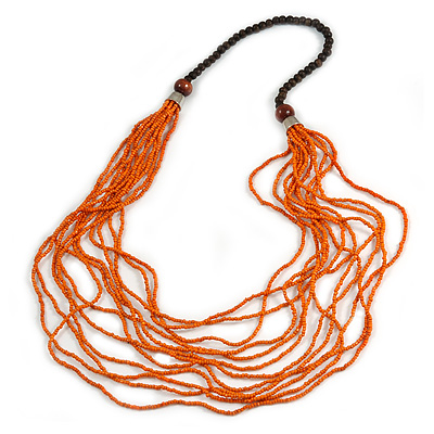 Statement Multistrand Orange Glass Bead, Brown Wood Bead Necklace - 110cm L