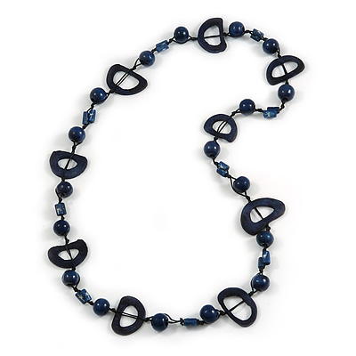 Dark Blue Round and Oval Wooden Bead Cotton Cord Necklace - 80cm Long
