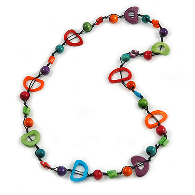 Multicoloured Round and Oval Wooden Bead Cotton Cord Necklace - 84cm Long - main view