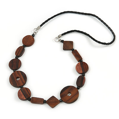 Brown Geometric Wood Bead Black Leather Style  Necklace - 70cm L