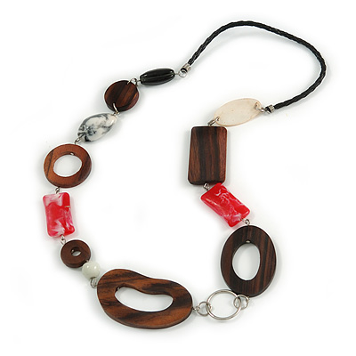 Geometric Wood and Acrylic Bead Black Faux Leather Cord Necklace (Brown, White, Red) - 68cm L