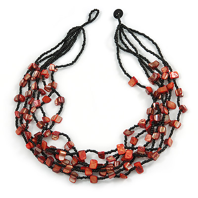 Burnt Orange Shell and Black Glass Beads Multistrand Necklace - 48cm Long - main view