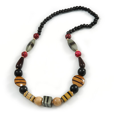 Chunky Geometric Wooden Bead Necklace (Black, Brown, Red) - 70cm L - main view