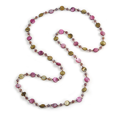 Long Shell, Crystal Bead Necklace in Olive/ Purple - 116cm L - main view