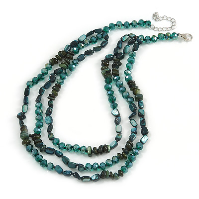 3 Strand Layered Glass/ Shell Bead Necklace In Malachite Green/ Emerald Green with Silver Tone Closure - 50cm L/ 6cm Ext