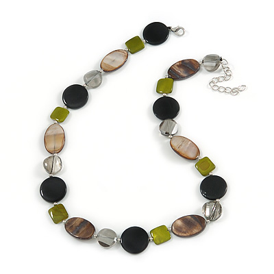 Light Grey Glass Bead, Lime Green/ Black/ Grey Shell Necklace with Silver Tone Closure - 50cm L/ 4cm Ext