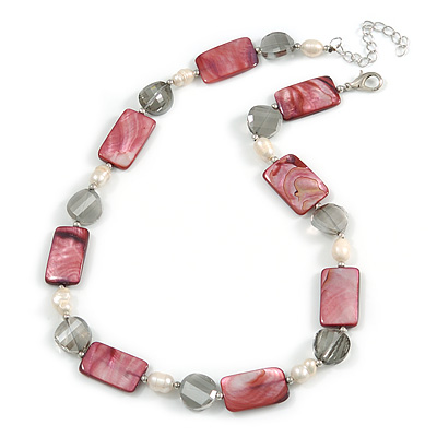 Light Grey Glass Bead, Ox Blood Shell, Cream Freshwater Pearl Necklace with Silver Tone Closure - 44cm L/ 5cm Ext - main view