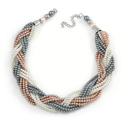 Statement Beige/ Grey/ White Glass Bead Plaited Necklace with Silver Closure - 44cm L/ 6cm Ext
