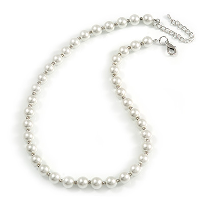 10mm Classic White Glass Bead Necklace with Silver Tone Closure - 44cm L/ 6cm Ext
