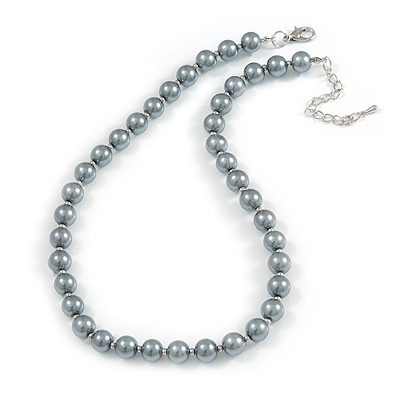 10mm Classic Grey Glass Bead Necklace with Silver Tone Closure - 44cm L/ 6cm Ext