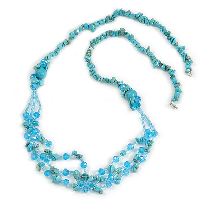 Statement Long Multistrand Light Blue Glass Beads and Turquoise Nuggets Necklace - 90cm L