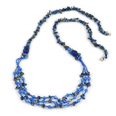 Statement Long Multistrand Glass and Semiprecious Stone Necklace In Blue - 90cm L