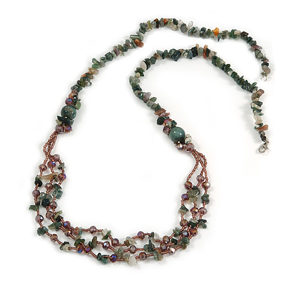 Statement Long Multistrand Purple Glass Beads and Green Malachite Semiprecious Nuggets Necklace - 90cm L