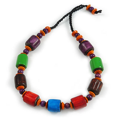 Chunky Multicolured Bone and Wood Bead Black Cord Necklace - 62cm Long - main view