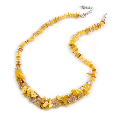 Stylish Cluster Shell and Glass Bead with Crystal Ring Necklace In Silver Tone (Yellow) - 45cm L/ 5cm Ext